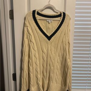 Cream Cable-Knit V-Neck Sweater with Navy Trim